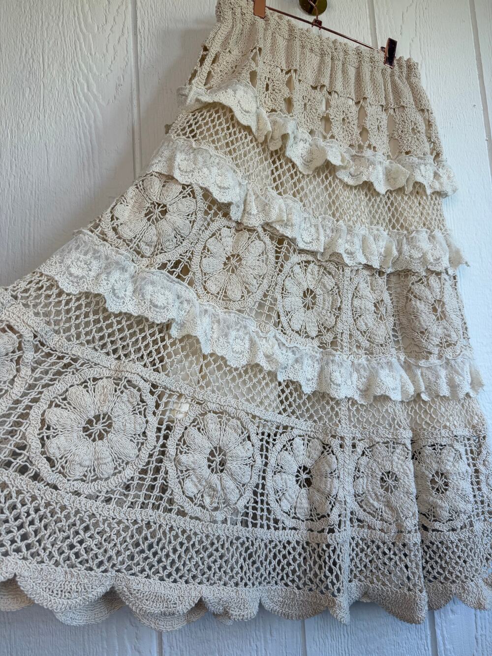 POL Crochet Tiered Lace Maxi Skirt, One Size Boho Ruffle
